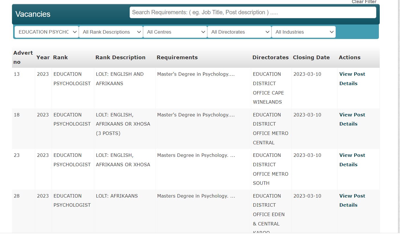 Vacancies within the Western Cape Education Department PsySSA